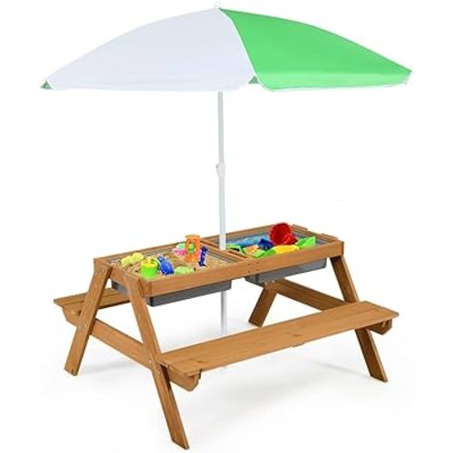 HONEY JOY Kids Picnic Table, 4 in 1 Cedar Wooden Sand & Water Table w/ 2 Removable Box & Umbrella, Kids Picnic Tables for Outdoors Backyard Garden, Toddler Patio Furniture Set for Boys Girls(Natural)