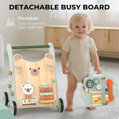 WOODMAM Wooden Baby Walker, Adjustable Speed Baby Push Walker for 1 Year Old, 10-in-1 Montessori Walker for Boys & Girls, Toddler Sit-to-Stand Learning Toy with Detachable Busy Board