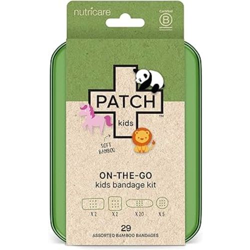 Patch Kids On-The-Go Natural Bamboo Adhesive Bandage Kit for Sensitive Skin, Eco-Friendly Hypoallergenic Bandages, Sensitive Skin Bandages for Boys and Girls with Cute Prints, 29 ct