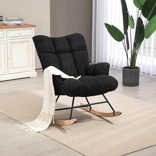 SAETSFEG Nursery Rocking Chair Teddy, Upholstered Glider Rocker with High Backrest, Comfortable Stylish Accent Armchair with Padded Seat for Living Rooms, Black