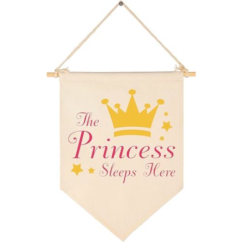 the Princess Sleeps Here-Canvas Hanging Pennant Flag Wall Sign Decor Gift for Baby Kids Girl Nursery,Kids Room Playroom Decor- Crown,Stars