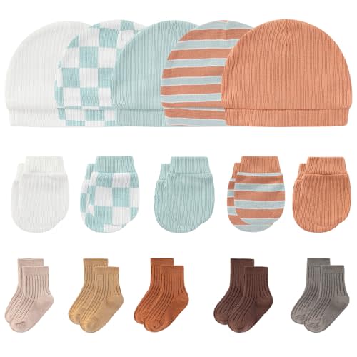 MAMIMAKA Newborn Baby Boy Girl Caps Mittens Socks Set Cotton Baby Essentials Accessories (Hats+Gloves+Socks)