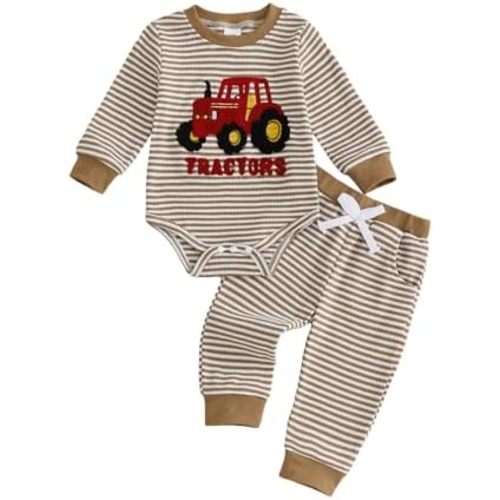 Douhoow Baby Boy Fall Outfits Tractor Embroidered Baby Sweatshirt Romper and Pants Infant Boys Festival Clothes