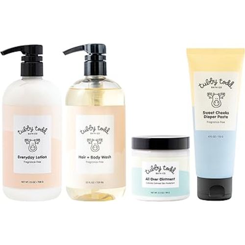 Tubby Todd Baby Bath & Skincare Kit - The Baby Bundle - Baby Shampoo and Body Wash, Everyday Lotion 25 Oz, All Over Ointment 3.5 Oz & Diaper Paste Cream 7.9 Oz Gift Set - Fragrance-Free