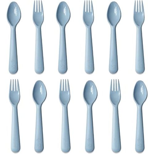 12 Pcs Plastic Toddler Utensils Set 6 Kids Forks and 6 Kids Spoons BPA Free/Dishwasher Safe Toddler Silverware Brightly Colored Kid Plastic Cutlery Set-Blue