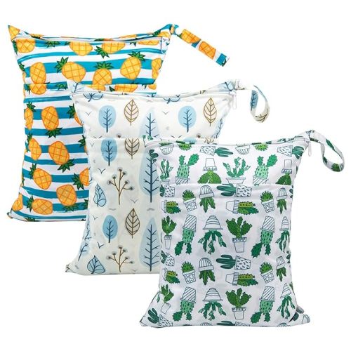 babygoal Wet Dry Bags for Baby Cloth Diapers, Washable Travel Bags, Beach, Pool, Gym Bag for Swimsuits & Wet Clothes with Two Zippered Pockets 3 Pack, 3LN05 - pineapple and cactus