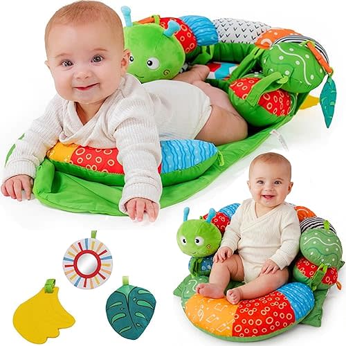 2-in-1 Tummy Time Mat & Baby Lounger Pillow - Seat Support for Baby Play Mat for Babies 0-6 Months, Infant Lounger Activity Center with Newborn Toys, Floor Pillows Sit Me Up, Infant Toys Floor Lounger