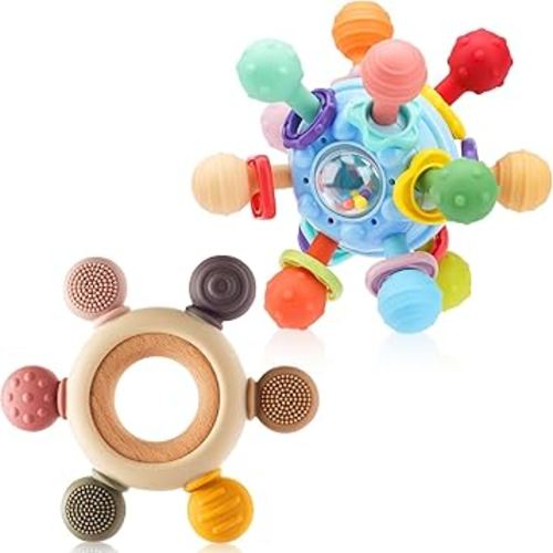2 Pack Baby Teething Toys for 0-6 6-12 Months, BPA-Free Chew Teether Toys for Teething Pain Relief, Infant Sensory Rattles Toys, Gifts for Newborn Boys Girls 0 3 6 9 12 18 Months