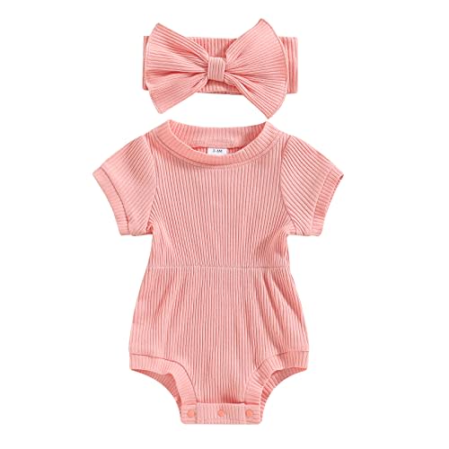 FOCUSNORM Baby Girl Summer Clothes Ribbed Short Sleeve Romper Solid Color Bodysuits Bow Headband Outfit Newborn Girl Jumpsuit