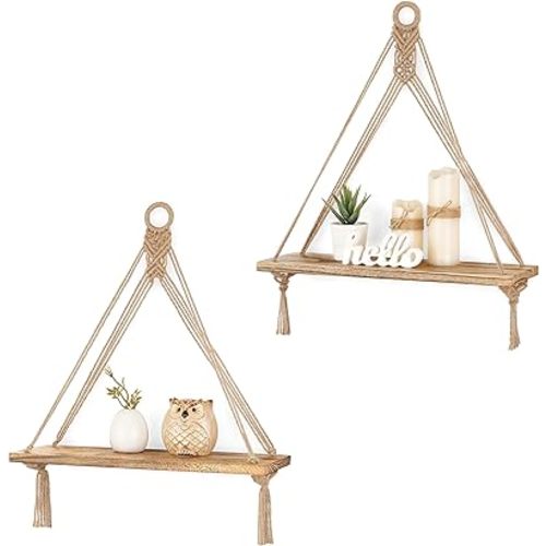 Mkono Macrame Hanging Shelves Boho Wall Decor Set of 2 Rustic Wood Floating Storage Shelf for Bedroom Bathroom Living Room Nursery Dorm Room, Display Shelving for Hanging Plants Photos