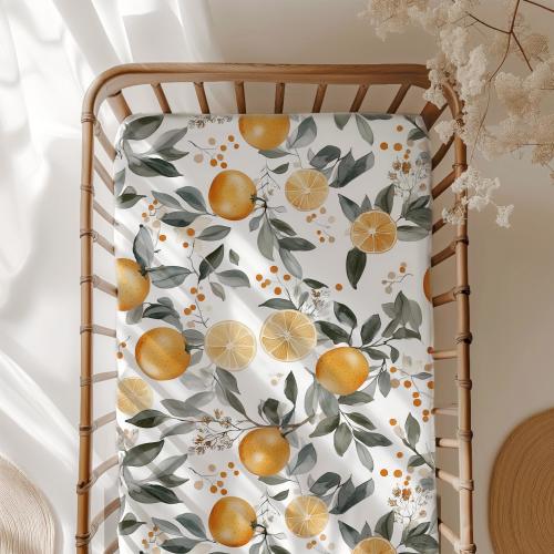 Citrus Pattern Crib Sheet Summer Baby Gift Orange and White Baby Shower Gift for Artistic New Mom Elegant Gift for Summer Baby Nursery Decor