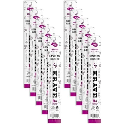 Krave, Beef Sticks (1 Ounce Sticks, Pack of 10) - 100% Grass Fed Beef, 100 Calories Per Stick, Good Source of Protein (10 Pack, Original)