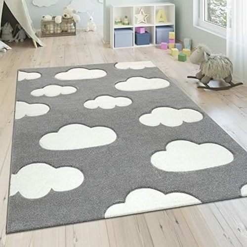 Modern Kids Rug with Clouds in Grey Pastel for Nursery, Size: 4'4" Square