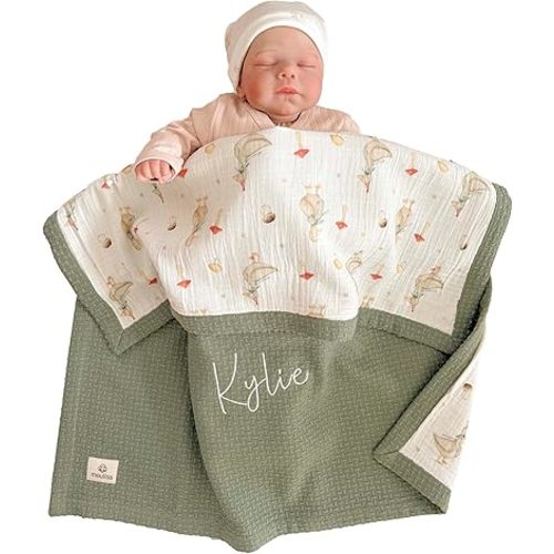 Mouliss Personalized Baby Blanket with Name – Handmade 100% Organic Cotton Newborn Gift | Custom Knit Blanket for Boys, Girls, Kids & Baby Showers (Sage Green/Goose & Cap)