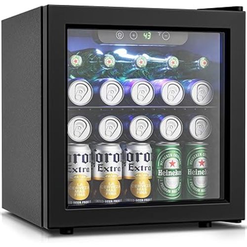 Beverage Refrigerator Cooler - 12 Bottle 50 Can Mini Fridge with Glass Door, Soda Wine Beer Drink Fridge - Small Refrigerator for Office Home Bedroom Dorm Bar, 1.3 Cu.Ft, Black