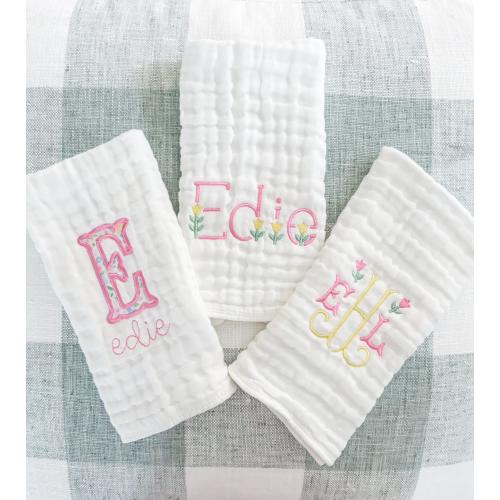 Baby Girl Flower Custom Embroidered Muslin Burp Cloths & Bibs for Newborn | Baby Shower Gift | Monogram and Name Personalization