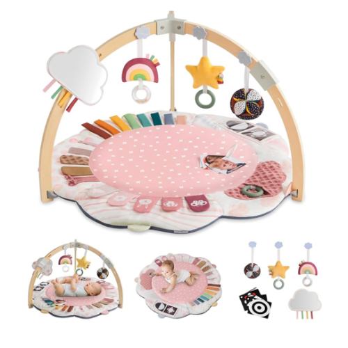 Blissful Diary Baby Play Gym & Activity Mat, 5 Developmental Zones Wooden Tummy Time Mat with 5 Detachable Sensory Toys for Motor Skills & Sensory Development, Baby Essentials Shower Gift, Pink Flower