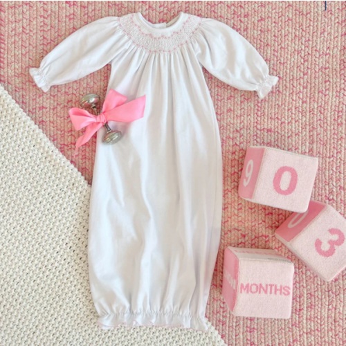 Sweetly Smocked Greeting Gown - Worth Avenue White with Palm Beach Pin