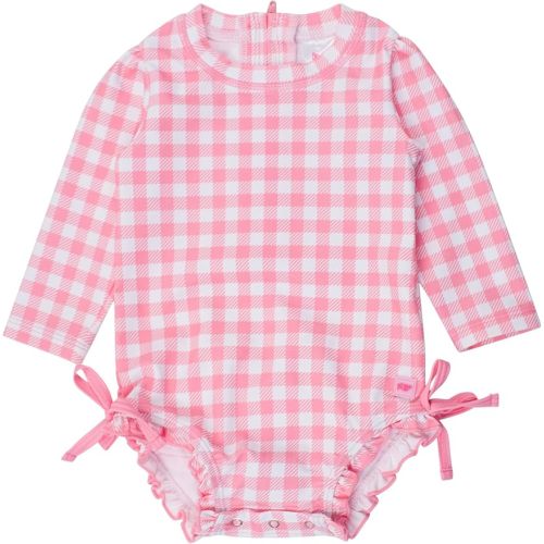 RuffleButts Baby Girls UPF 50+ Sun Protection Gingham Printed Long Sleeve One Piece Rash Guard Swimsuit with Zipper
