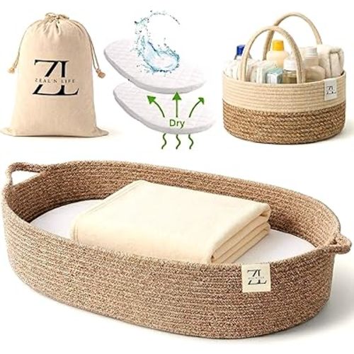 ZEAL'N LIFE Baby Changing Basket 5-in-1 with Blanket, Diaper Basket, Waterproof Changing Mat & Tote Bag, Moses Basket for Newborn, Changing Pad for Dresser, Baby Changing Mat, Gift for Baby Shower