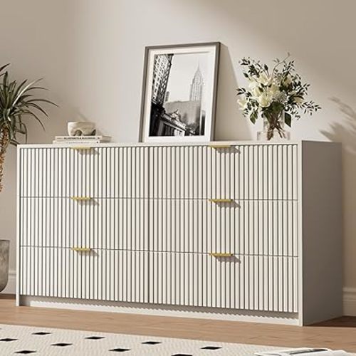 6 Drawer Dresser for Bedroom, 55" Wide Modern Chest of Drawers with Gold Metal Handles, Fluted Wood TV Stand for Living Room, Hallway(Beige)