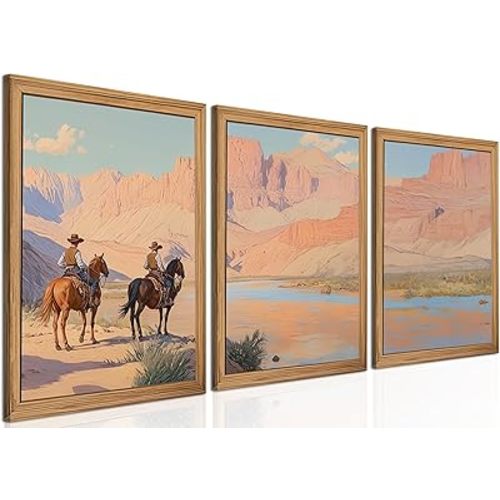 Framed Western Cowboy Canvas Wall Art Set of 3 - Vintage Cowboy Pictures Wall Decor, Rustic Mid Century Southwestern Ranch Landscapes Horse Prints Paintings for Living Room Bedroom 12x16 inch