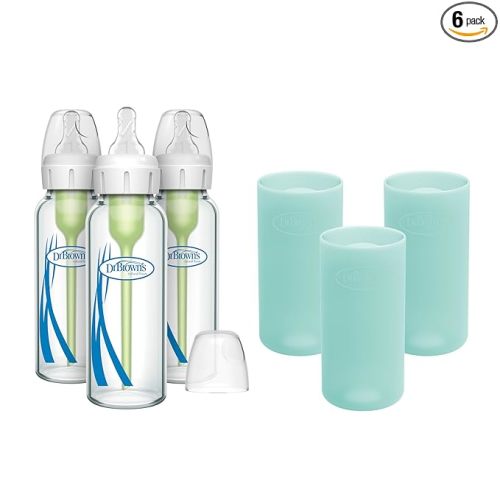 Dr. Brown's Anti-Colic Options+ Narrow Glass Baby Bottles 8 oz/250 mL, with Level 1 Slow Flow Nipple, 3 Pack 0m+ with Mint 100% Silicone Sleeves, BPA-Free