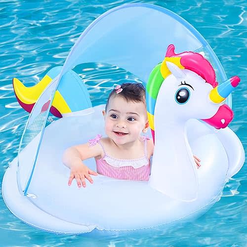 AMENON Baby Swimming Pool Float Ring with Adjustable Removable Canopy UPF50+ Sun Protection Never Flip Over Safety Seat Inflatable Baby Spring Floatie Swim Trainer Infant Toddler, 6-36 Months