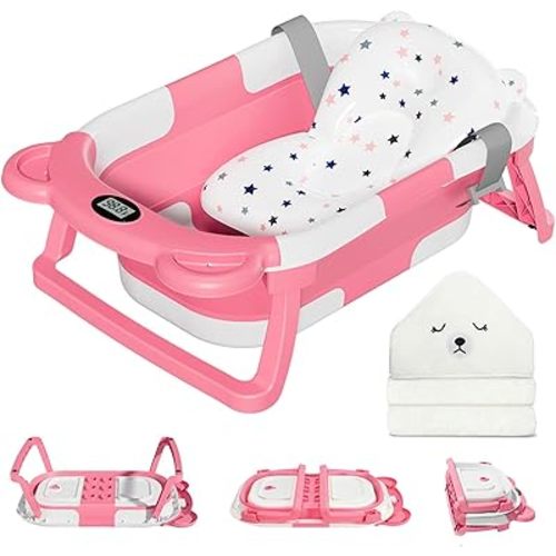 MoreFeel Collapsible Baby Bathtub for Newborn with Thermometer & 1 Hooded Towel & 1 Soft Floating Cushion,Portable Travel Bathtub with Drain Hole, Durable Foldable Baby Tubs for Infants to Toddler