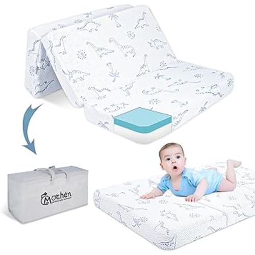 Mochen Trifold Pack and Play Mattress 38x26 Dual-Sided High Density Memory Foam Pack n Play Mattresses Pad with Removable Dinosaurs Cover & Carry Bag, Portable Travel Crib Mattress for Baby