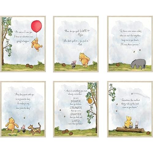 HerZii Prints Classic Winnie The Pooh Wall Art Decorations Set of 6 8x10 inch - Nursery Playroom Home Decor - Baby Shower Decorations