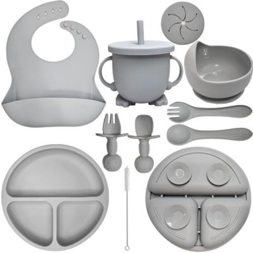 HippoBaby Baby Led Weaning Supplies | 10 Piece Silicone Feeding Set | Baby Toddler Bib Cup Divided Plate and Bowl Self Feeding Spoons Dish Set | Toddler Feeding Supplies (Cloud)