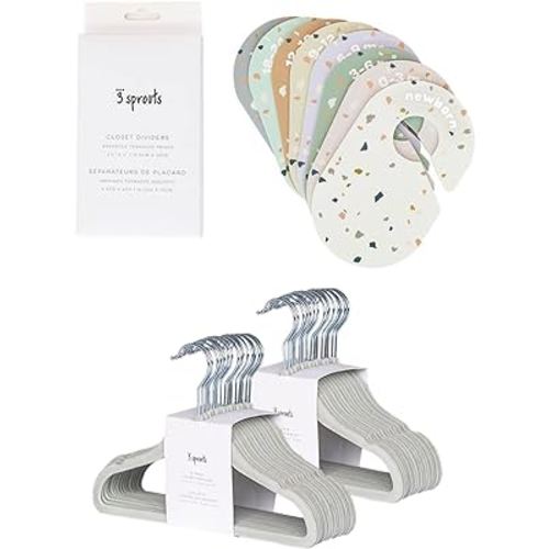 3 Sprouts Closet Dividers & Hangers Bundle - 8 Baby Size Dividers (Terrazzo) and 30 Velvet Hangers for Baby Clothes (Green)