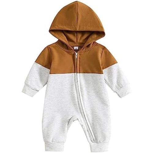 allshope Newborn Baby Boy Fall Outfit Romper Long Sleeve Hooded Contrast Color Zipper Jumpsuit Bodysuit Infant Clothes