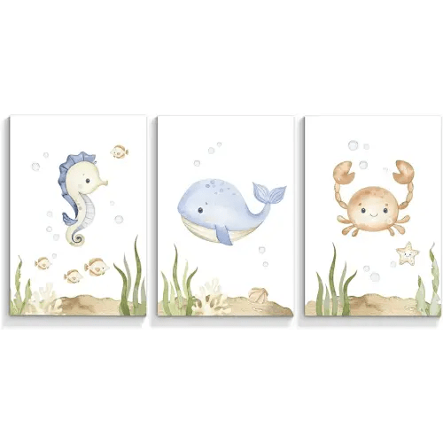 Yuaruo Ocean Animal Nursery Canvas Wall Art, 3 Piece Under The Sea Artwork Poster, Cute Life Aquatic Seahorse Whale Crap Print Painting Decor for Baby Bedroom Playroom Classroom 12x16in Unframed