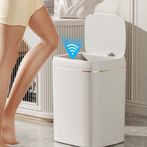 Bxaolu 13 Liter/3.4 Gallon Touchless Rectangular Motion Sensor Trash Can, Plastic Garbage Can with Lid, Small Wastebasket for Living Room, Kitchen, Bathroom - White Gold