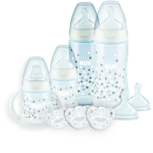NUK 0+m Newborn Gift Set, 11 Piece - Smooth Flow Baby Bottles with Handles for Infant Feeding