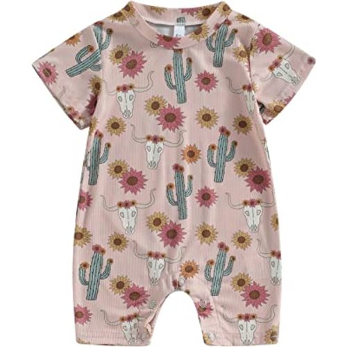 Muasaaluxi Western Baby Girl Boy Clothes Short Sleeve Cow Print Romper One Piece Bodysuit Shorts Summer Outfit