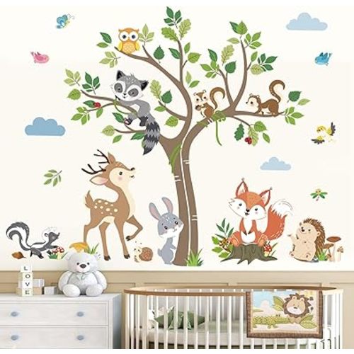 decalmile Woodland Animals Tree Wall Decals Forest Animals Deer Fox Rabbit Racoon Wall Stickers Living Room Baby Nursery Kids Room Wall Decor