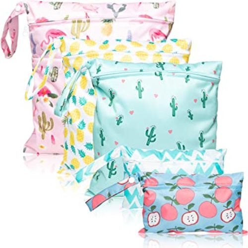 R HORSE 5Pcs Waterproof Reusable Diaper Baby Cloth Wet Dry Bags with 2 Zippered Pockets Summer Travel Beach Pool Bag with Pineapple Flamingo Cactus Pattern(3 Sizes)
