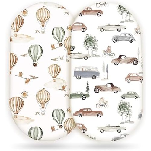 GRSSDER Stretchy Ultra Soft Fitted Bassinet Sheet Set 2 Pack, Universal Fitted for Bassinets Baby Cradle Moses Basket Oval Rectangle Mattress Safe and Snug, Neutral Pattern of Cars Print