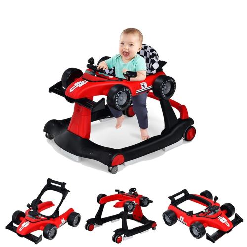 GLACER Foldable Baby Walker, 4-in-1 Infant Walker with Adjustable Height & Speed, Music, Light, Steering Wheel & Washable Cushion, Baby Walker Activity Center for Boys Girls 6 –18 Months (Red)