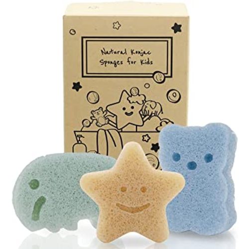 myHomeBody Konjac Baby Sponge for Bathing, Cute Shapes Natural Kids Bath Sponges for Infants, Toddler Bath Time, Natural and Safe Plant-Based Konjac Baby Bath Toys, 3pc. Set: Elephant, Bear & Star