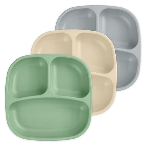 Re-Play Made in USA 7" Deep Walled Divided Plates for Kids, Set of 3 - Reusable 3 Compartment Plates, Dishwasher and Microwave Safe - 7.37" x 7.37" x 1.25", Sage Brush