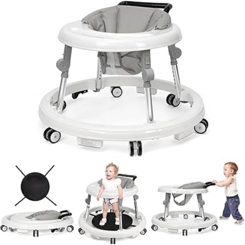 Baby Walker Foldable with 9 Adjustable Heights, Baby Walkers and Activity Center for Boys Girls Babies 7-18 Months, Baby Walker and Bouncer Combo with Wheels Portable Anti-Rollover