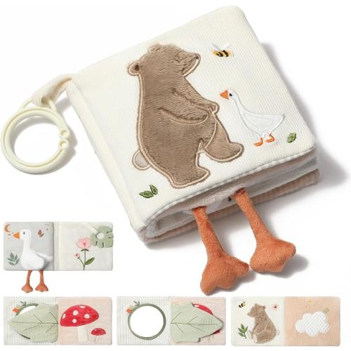 let's make Soft Baby Book, Sensory Crinkle Cloth Books for Babies 0-12 Months, Bear Goose Tummy Time Toy with Shatterproof Mirror, Squeaker, Food Grade Silicone Teether, Washable Stroller Newborn Gift