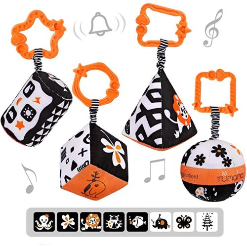 TUMAMA High Contrast Shapes Sets Baby Toys, Black and White Stroller Toy for Car Seat Baby Plush Rattles Rings Hanging Toy for 0 3 6 9 to 12 Months, Newborn,Toddlers,Infants (4 Packs)