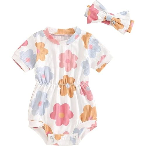 Summer Newborn Girl Outfit Baby Solid Color/Floral Short Sleeve Romper with Bow Headband Coming Home Clothes Set