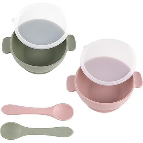 2 Pack Silicone Suction Bowl with Lid + Spoon Set | Food Grade Silicone | BPA Free | Microwave, Dishwasher, Freezer Safe (Green and Light Pink)