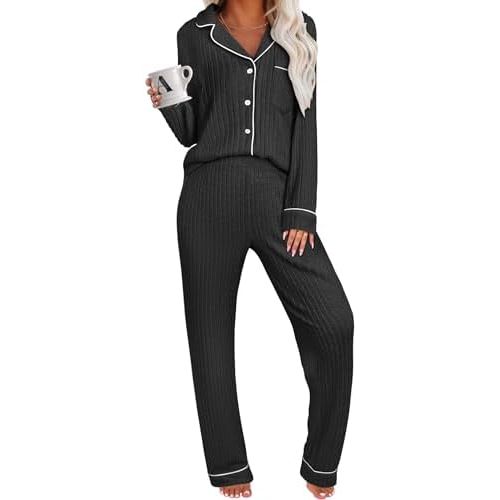 ANRABESS Women Pajama Lounge Sets 2025 Fall 2 Piece Outfits Ribbed Long Sleeve Matching PJ Set Sleepwear Loungewear